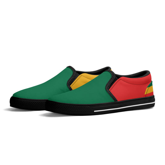 Slip Ons, Slip On Shoes, Rasta Mens Shoes, Womens Rasta Shoes, Jamaican Colors Shoes on a white background as a product mockup.