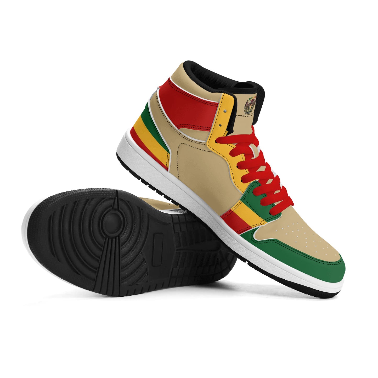 Rasta Mens Shoes, Womens Rasta Shoes, Jamaican Colors Shoes on a white background as a product mockup.