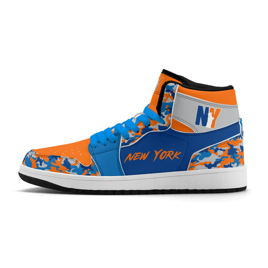 New York Knicks Colors Camo Shoes, New York Sneakers, Blue , Orange and Gray Camo Shoes on a white background as a product image.