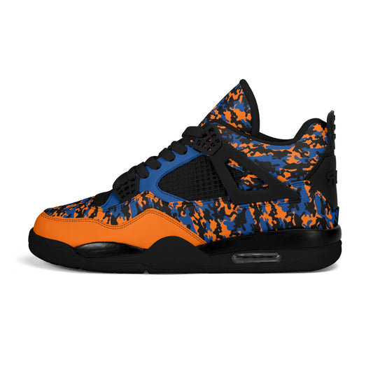 New York Knicks Colors Camo Shoes, New York Sneakers, Blue , Orange and Black Camo Shoes on a white background as a product image.
