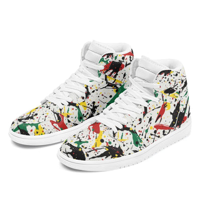 Paint Splatter Shoes Cheap for Men and Women, Rasta Colors Shoes For Sale, Rasta Colors Low Tops, Jamaica Colors Sneakers on a white background as a product image.