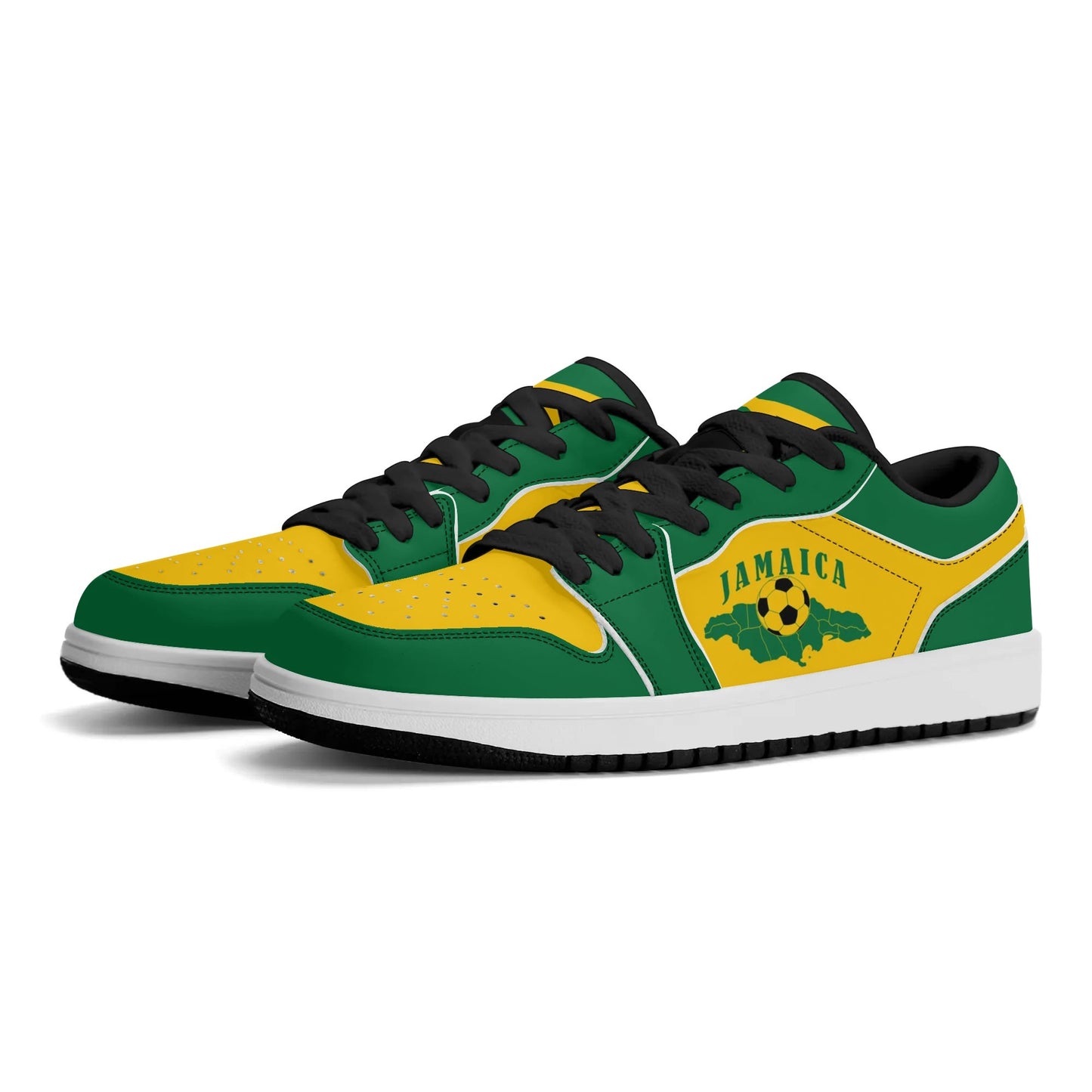 Jamaican color shoes with black, green, and gold design. Unisex Jamaican sneakers on a white background.