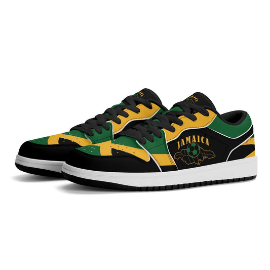 Jamaican color shoes with black, green, and gold design. Jamaican sneakers for men and women on a white background.