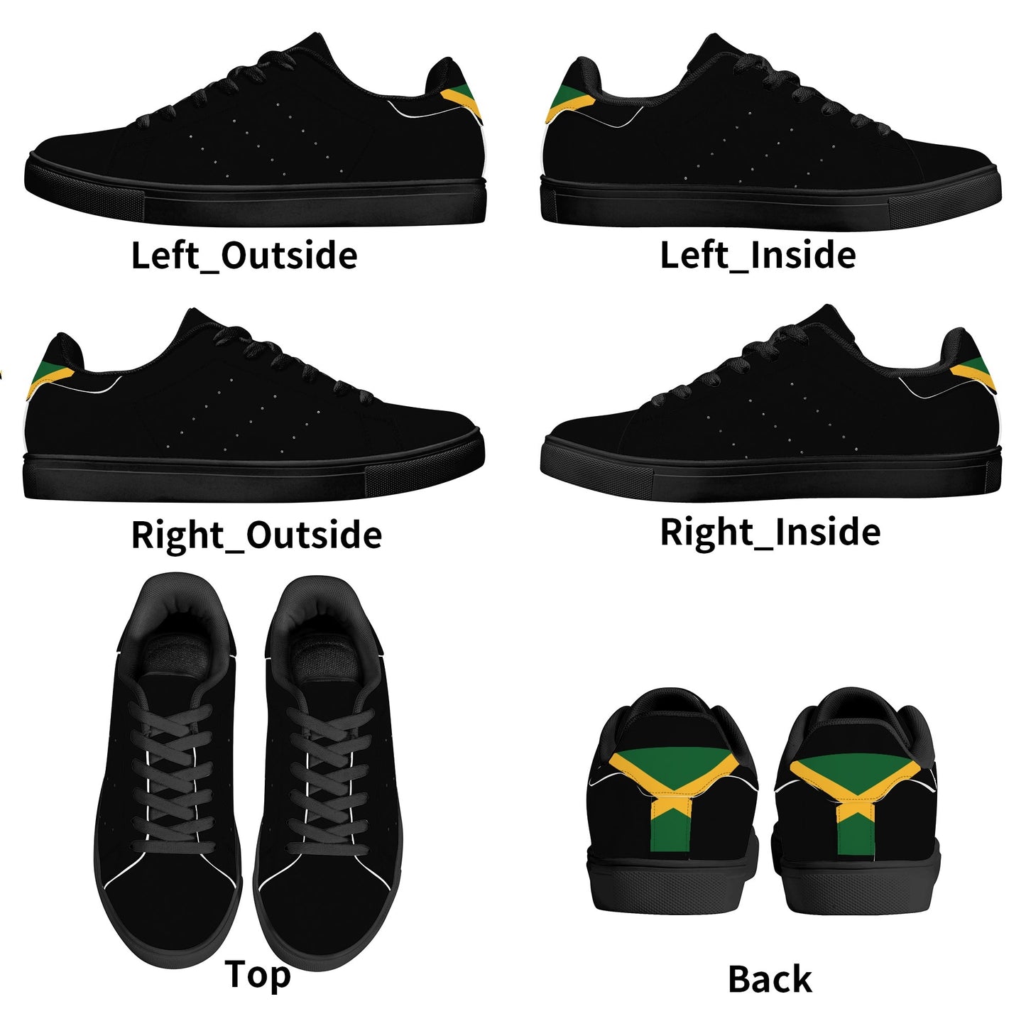 All-black Jamaica flag Ackee Walkers low top sneakers with black laces, black outsole and a green and gold Jamaican flag chevron at the heel