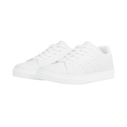 Solid white Ackee Walkers low top sneakers, black laces and black outsole