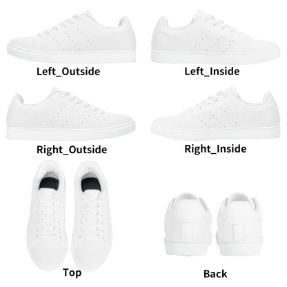 Solid white Ackee Walkers low top sneakers, black laces and black outsole