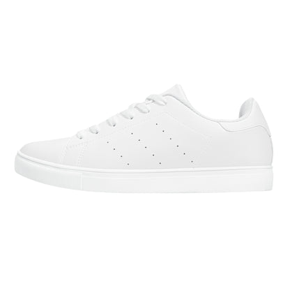 Solid white Ackee Walkers low top sneakers, black laces and black outsole