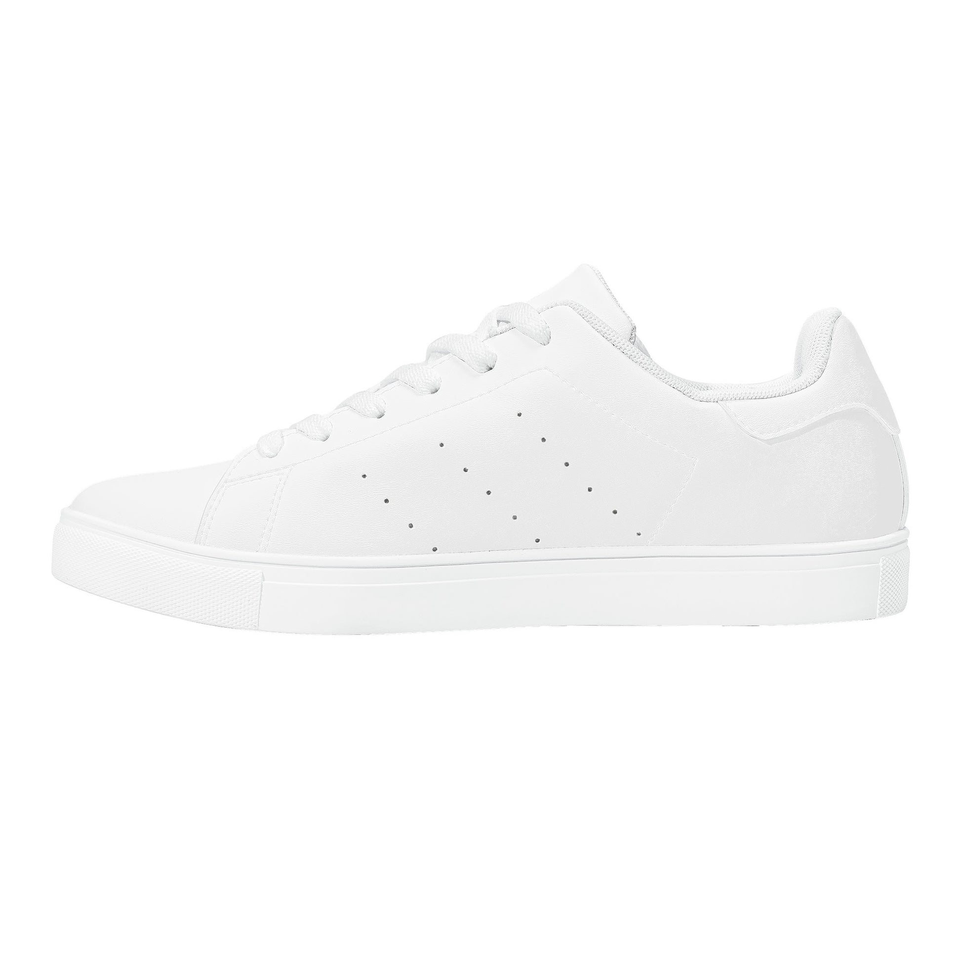 Solid white Ackee Walkers low top sneakers, black laces and black outsole