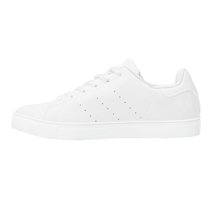 Solid white Ackee Walkers low top sneakers, black laces and black outsole