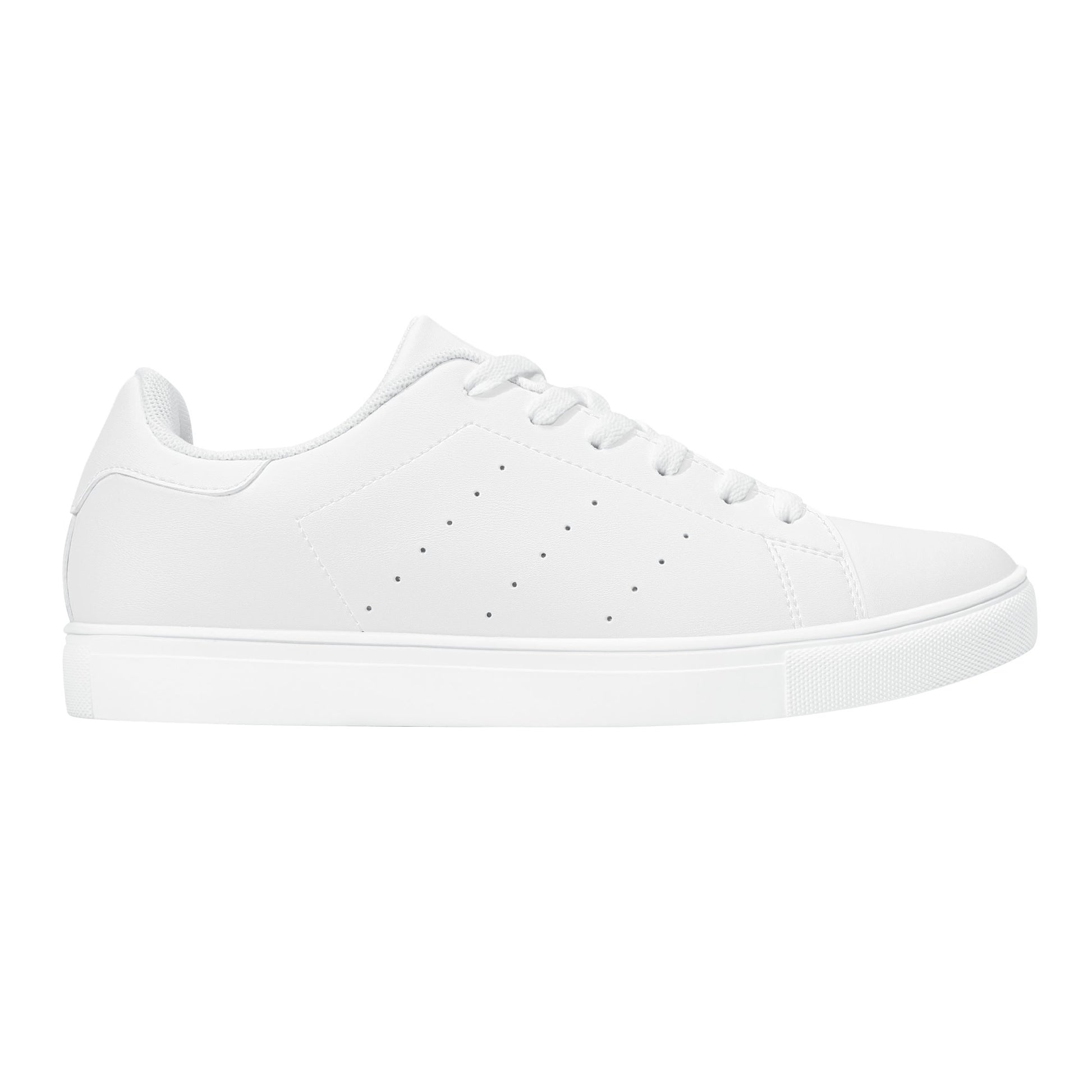 Solid white Ackee Walkers low top sneakers, black laces and black outsole