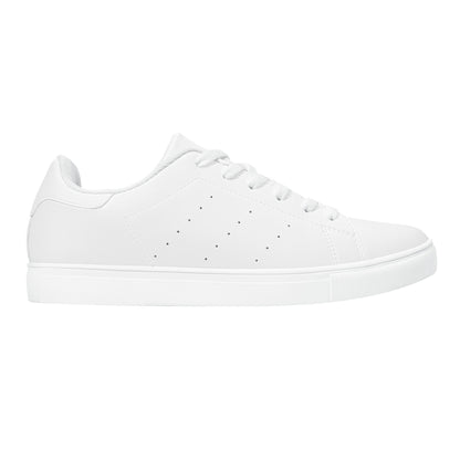 Solid white Ackee Walkers low top sneakers, black laces and black outsole