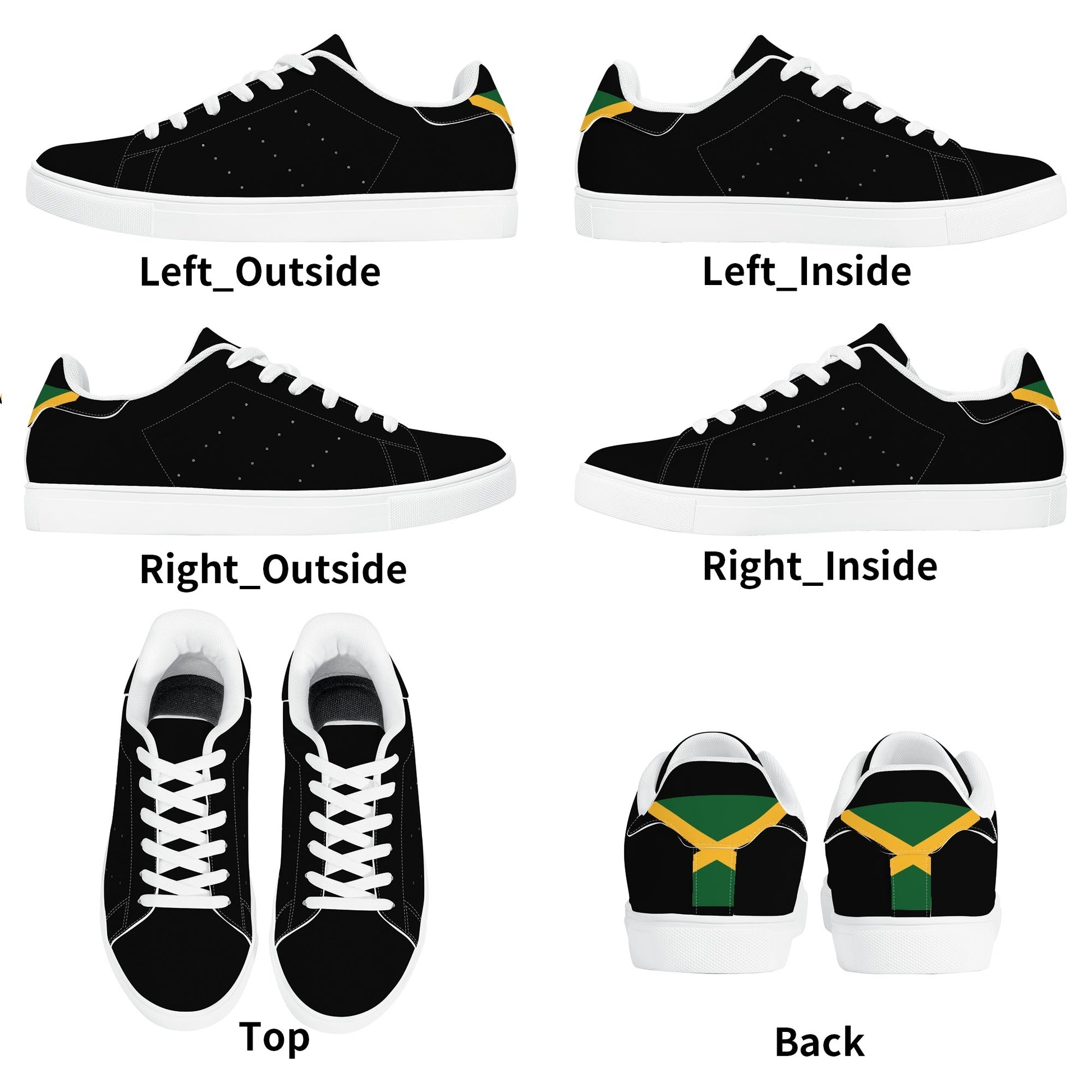 All-black Jamaica flag Ackee Walkers low top sneakers with black laces, black outsole and a green and gold Jamaican flag chevron at the heel