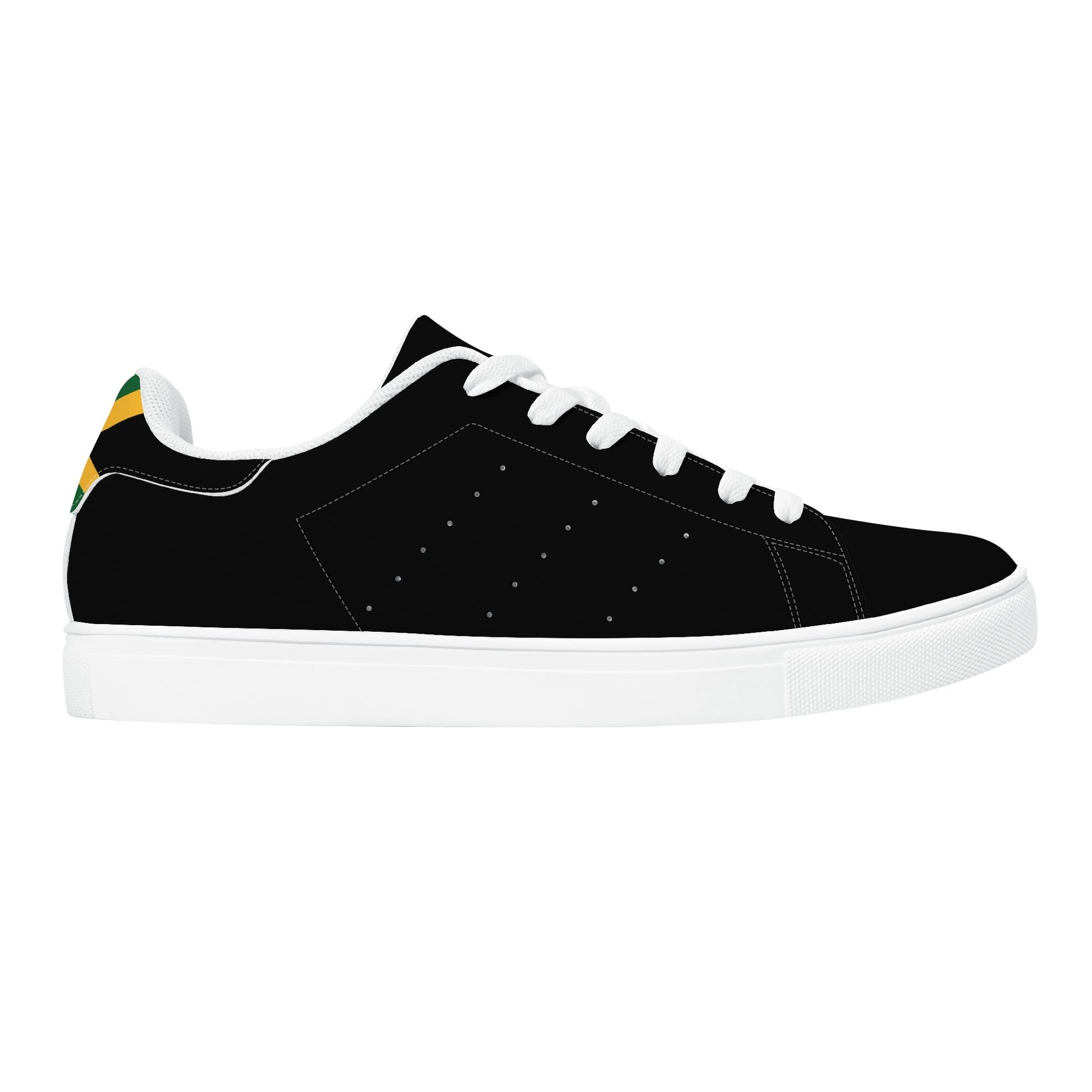 All-black Jamaica flag Ackee Walkers low top sneakers with black laces, black outsole and a green and gold Jamaican flag chevron at the heel