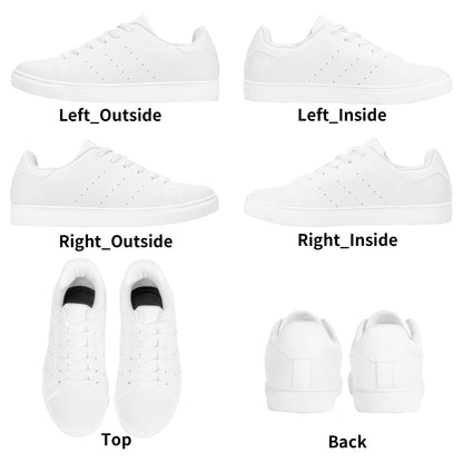 Solid white Ackee Walkers low top sneakers, black laces and black outsole