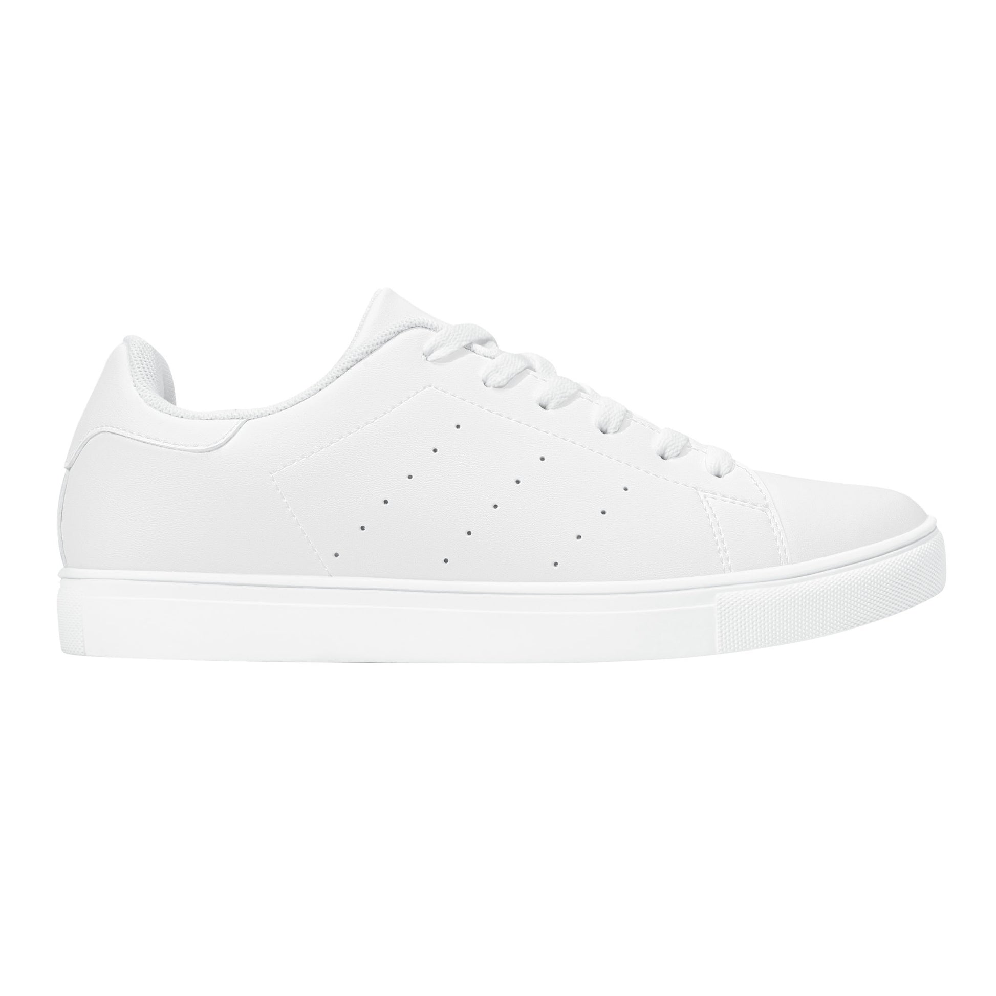 Solid white Ackee Walkers low top sneakers, black laces and black outsole
