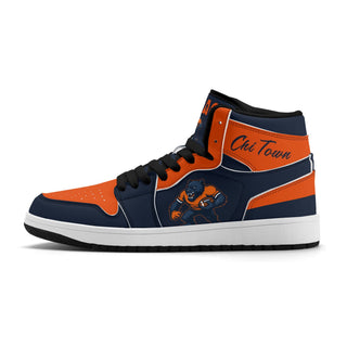 Chicago football Jamrock High top sneakers in navy and orange with Chi Town script collar and bear mascot badge