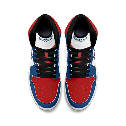 Buffalo football-inspired high top sneakers with bold all-over city graphic printed upper