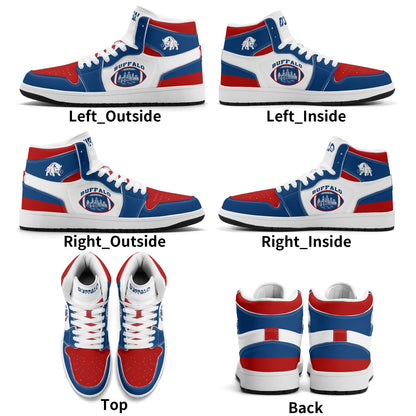 Buffalo football-inspired high top sneakers with bold all-over city graphic printed upper
