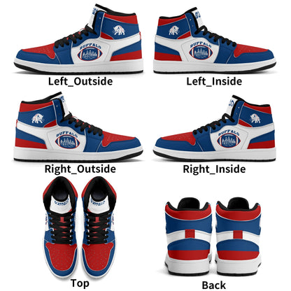 Buffalo football-inspired high top sneakers with bold all-over city graphic printed upper