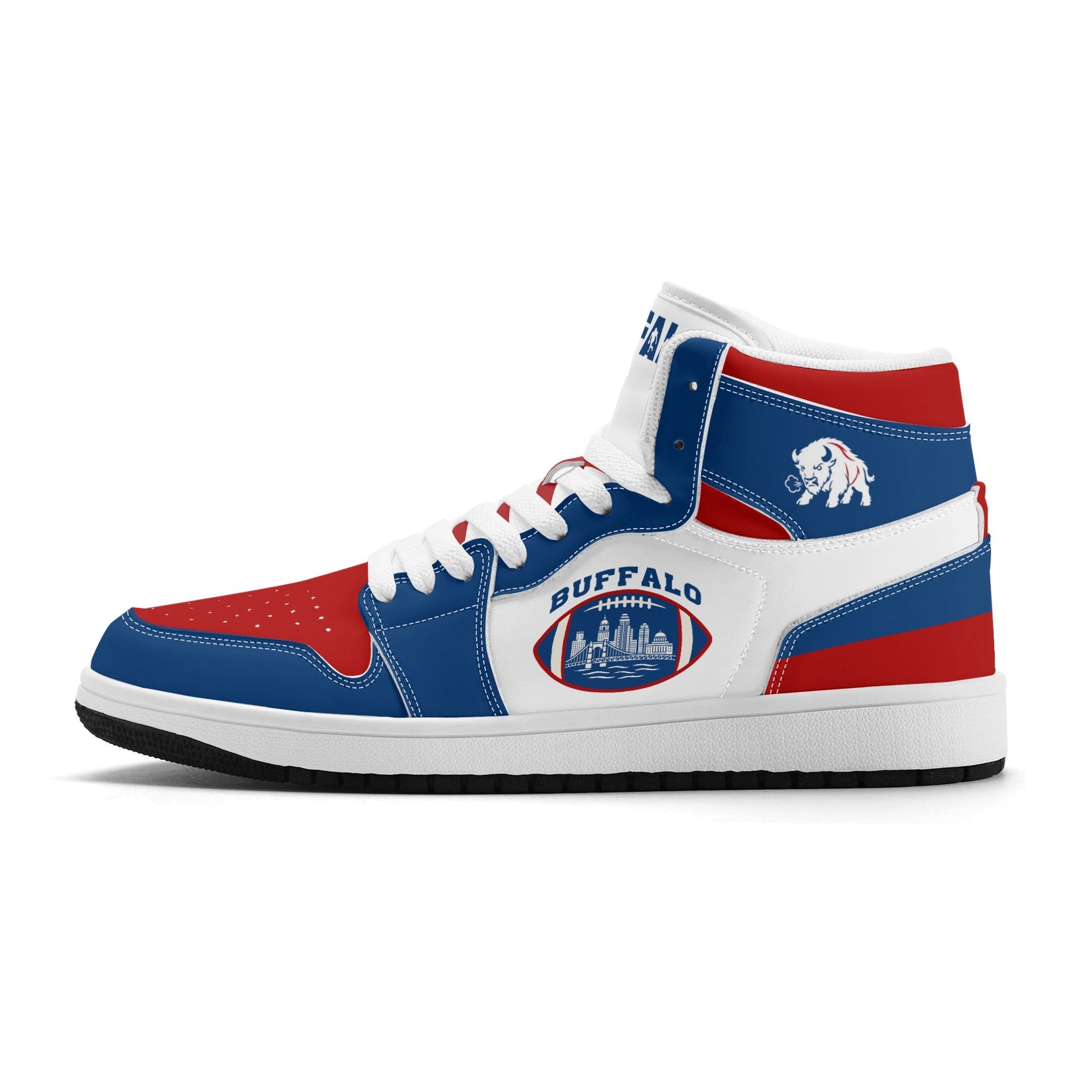 Buffalo football-inspired high top sneakers with bold all-over city graphic printed upper