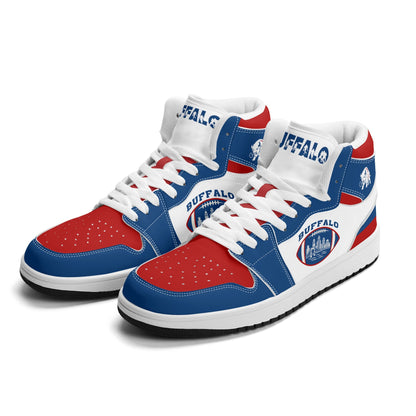 Buffalo football-inspired high top sneakers with bold all-over city graphic printed upper