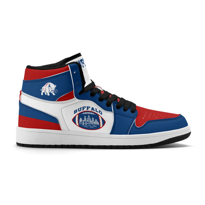 Buffalo football-inspired high top sneakers with bold all-over city graphic printed upper