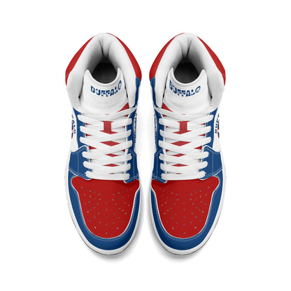 Buffalo football-inspired high top sneakers with bold all-over city graphic printed upper