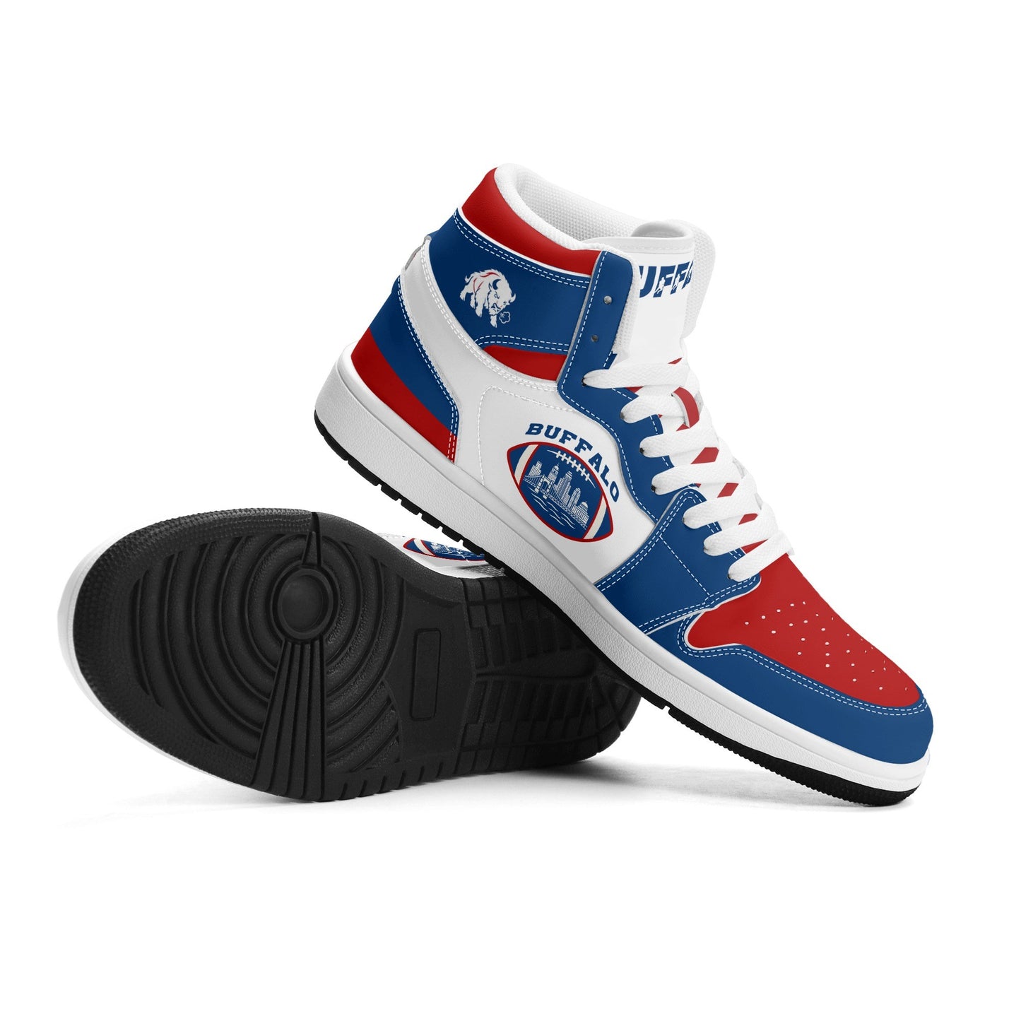 Buffalo football-inspired high top sneakers with bold all-over city graphic printed upper
