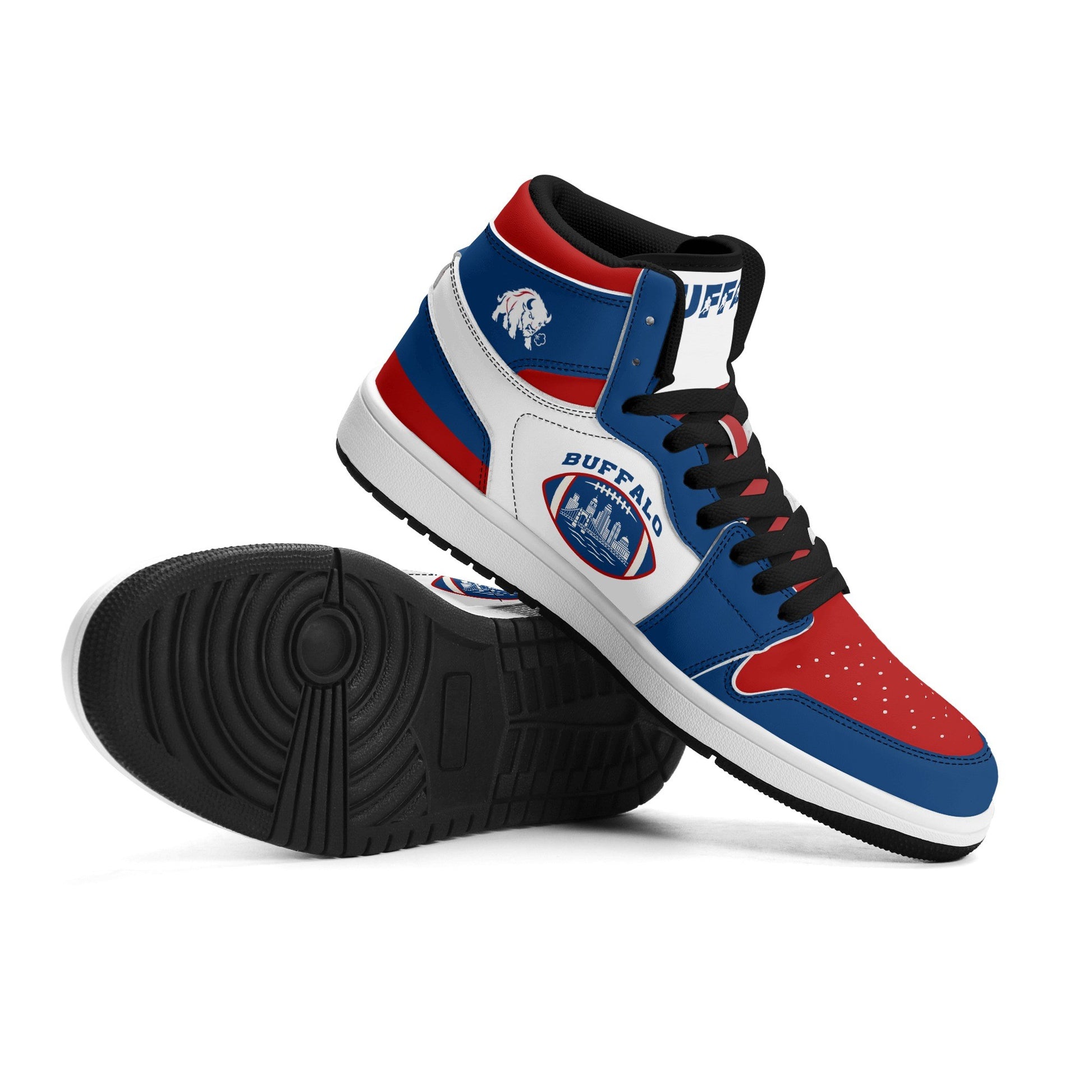 Buffalo football-inspired high top sneakers with bold all-over city graphic printed upper