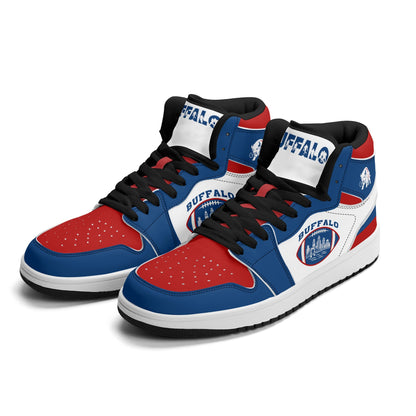 Buffalo football-inspired high top sneakers with bold all-over city graphic printed upper