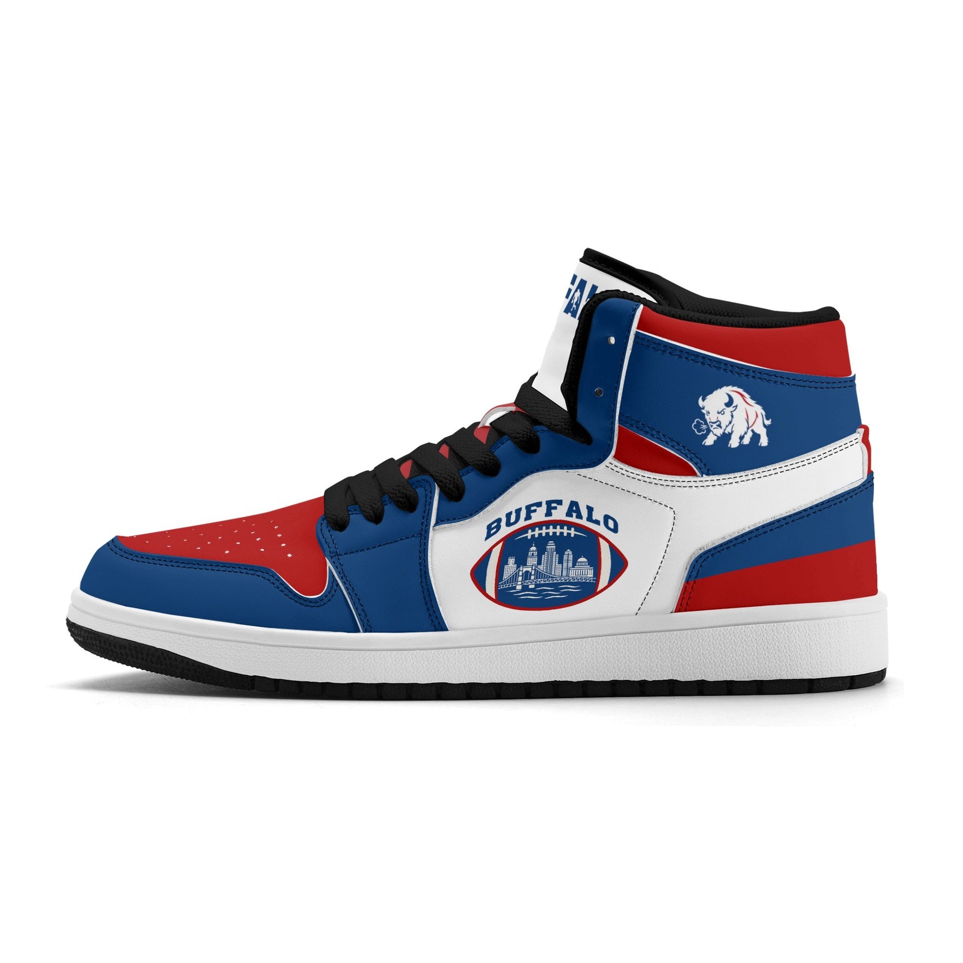 Buffalo football-inspired high top sneakers with bold all-over city graphic printed upper
