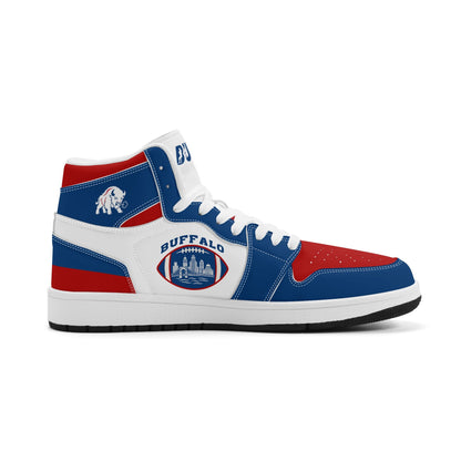 Buffalo football-inspired high top sneakers with bold all-over city graphic printed upper