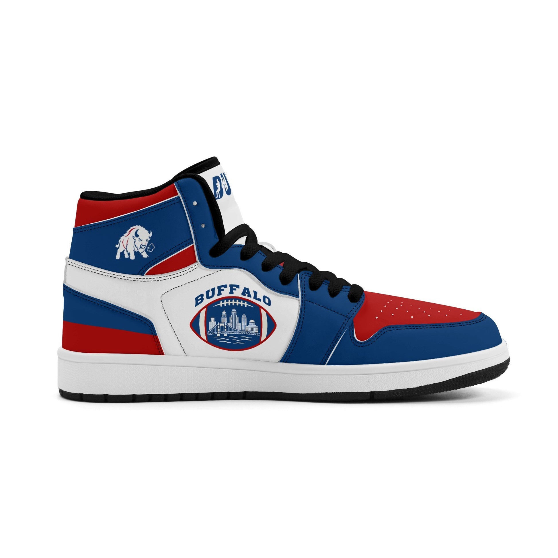 Buffalo football-inspired high top sneakers with bold all-over city graphic printed upper