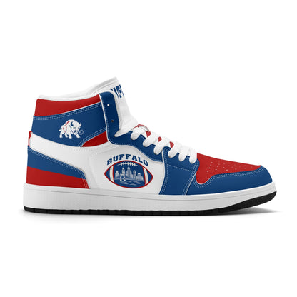 Buffalo football-inspired high top sneakers with bold all-over city graphic printed upper
