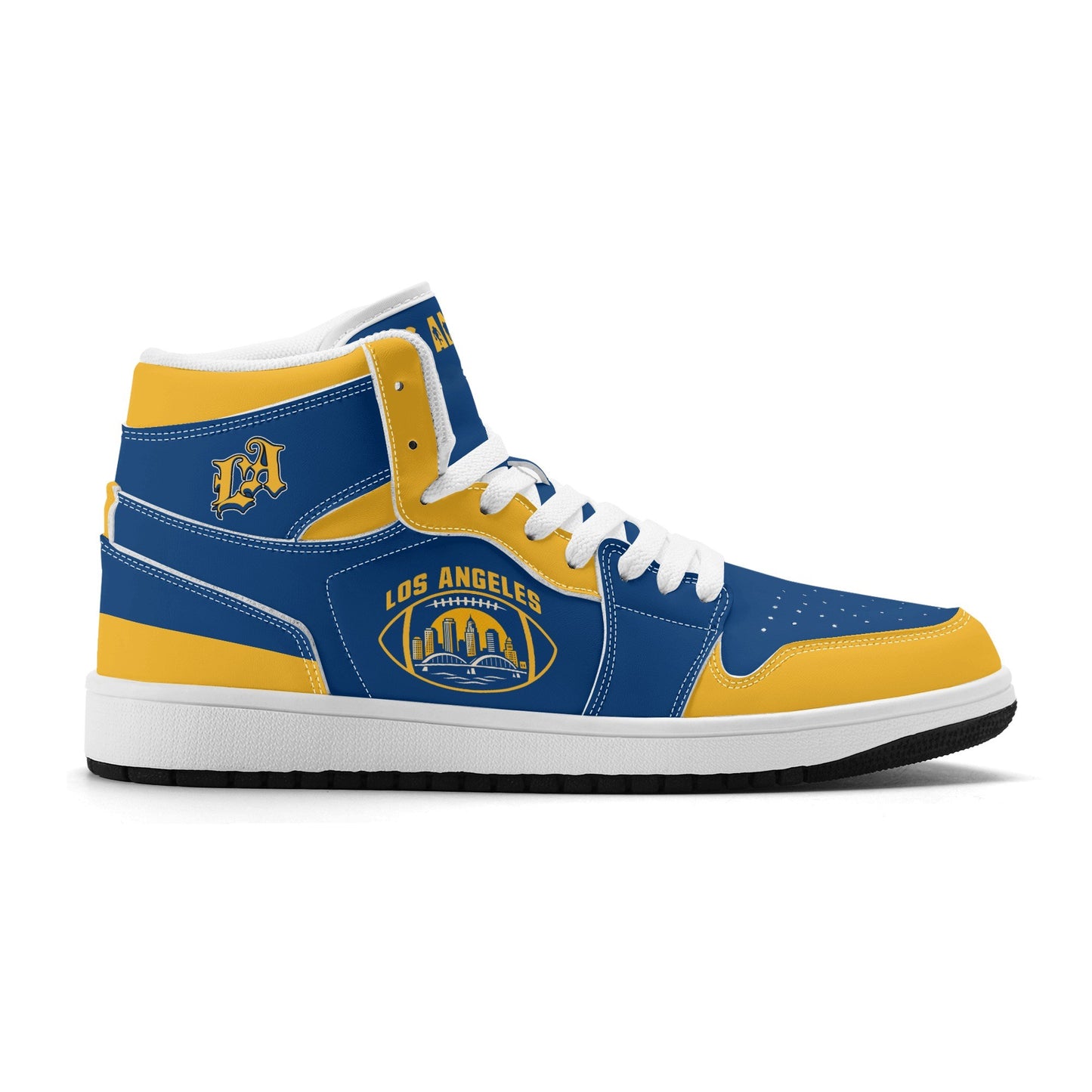 Los Angeles football-inspired high top sneakers in blue with all-over city graphic printed upper