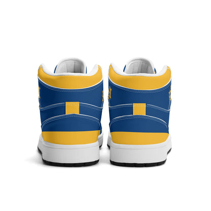 Los Angeles football-inspired high top sneakers in blue with all-over city graphic printed upper