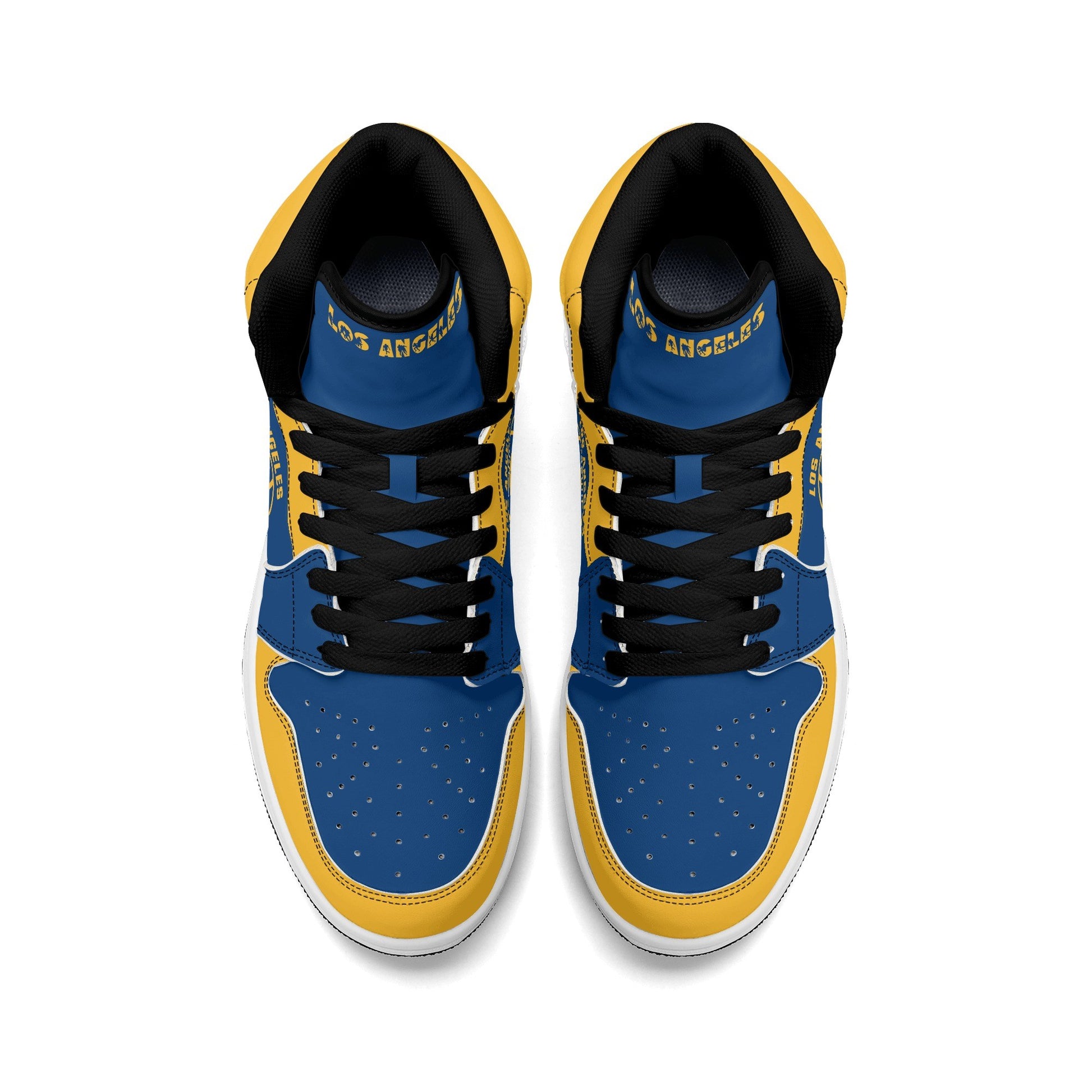 Los Angeles football-inspired high top sneakers in blue with all-over city graphic printed upper