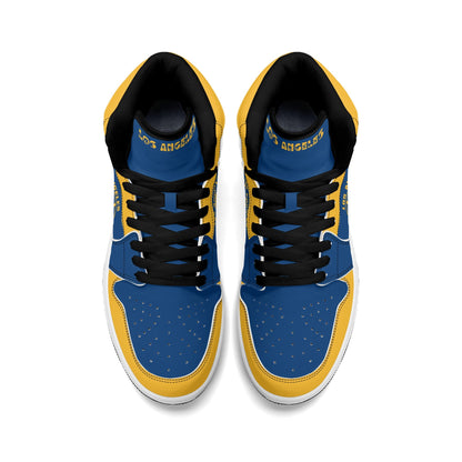 Los Angeles football-inspired high top sneakers in blue with all-over city graphic printed upper