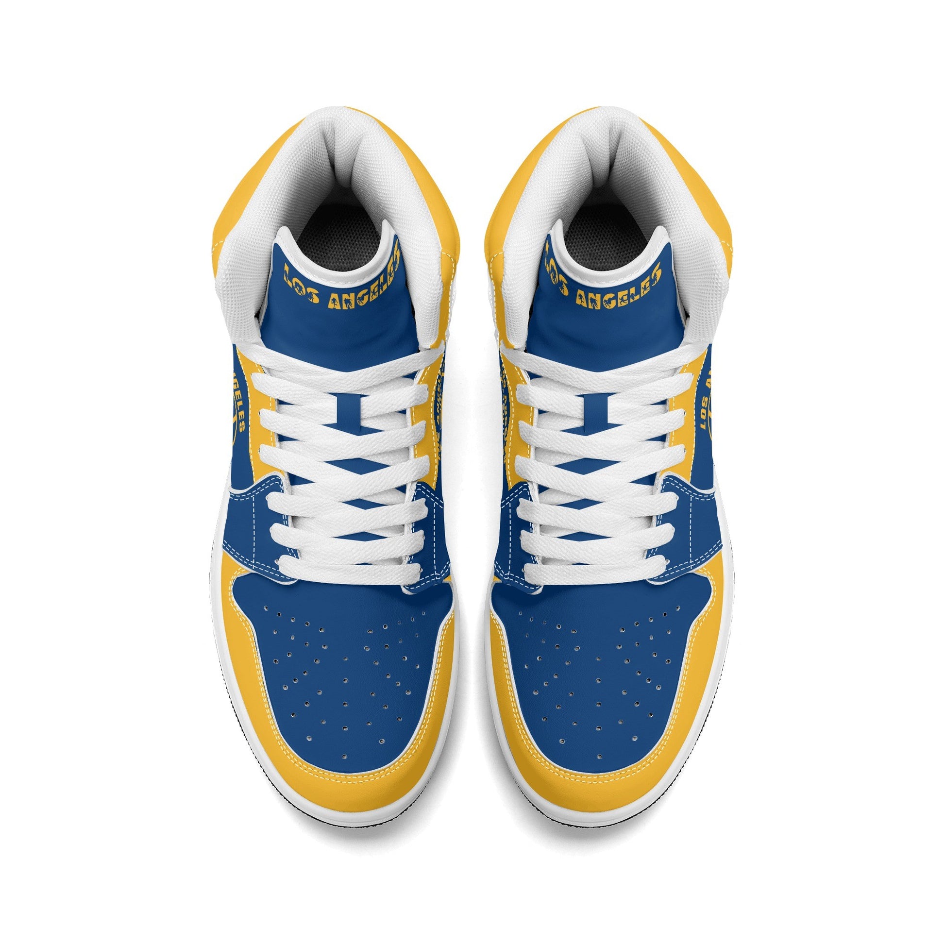 Los Angeles football-inspired high top sneakers in blue with all-over city graphic printed upper