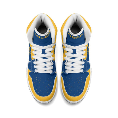 Los Angeles football-inspired high top sneakers in blue with all-over city graphic printed upper