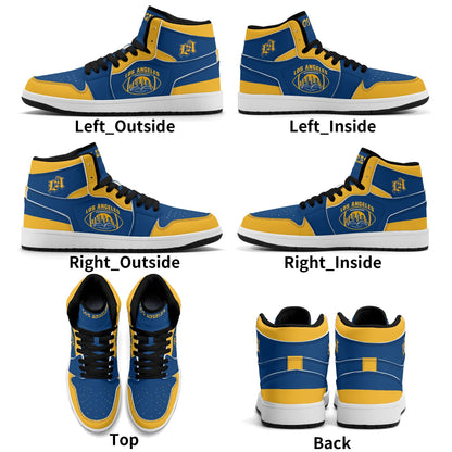 Los Angeles football-inspired high top sneakers in blue with all-over city graphic printed upper
