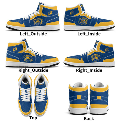 Los Angeles football-inspired high top sneakers in blue with all-over city graphic printed upper