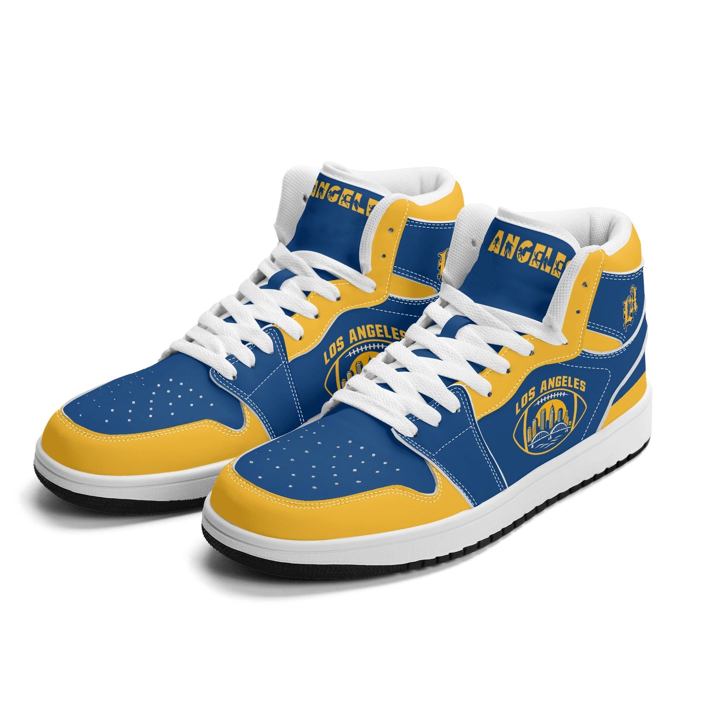 Los Angeles football-inspired high top sneakers in blue with all-over city graphic printed upper