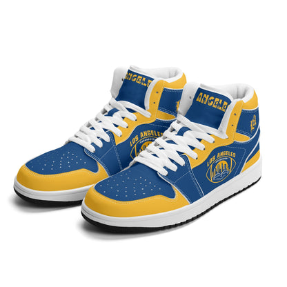 Los Angeles football-inspired high top sneakers in blue with all-over city graphic printed upper