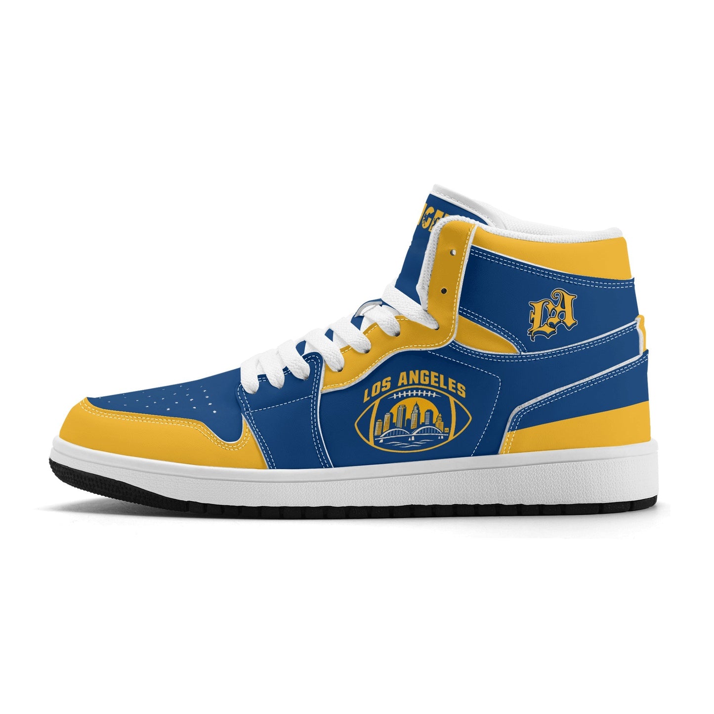 Los Angeles football-inspired high top sneakers in blue with all-over city graphic printed upper