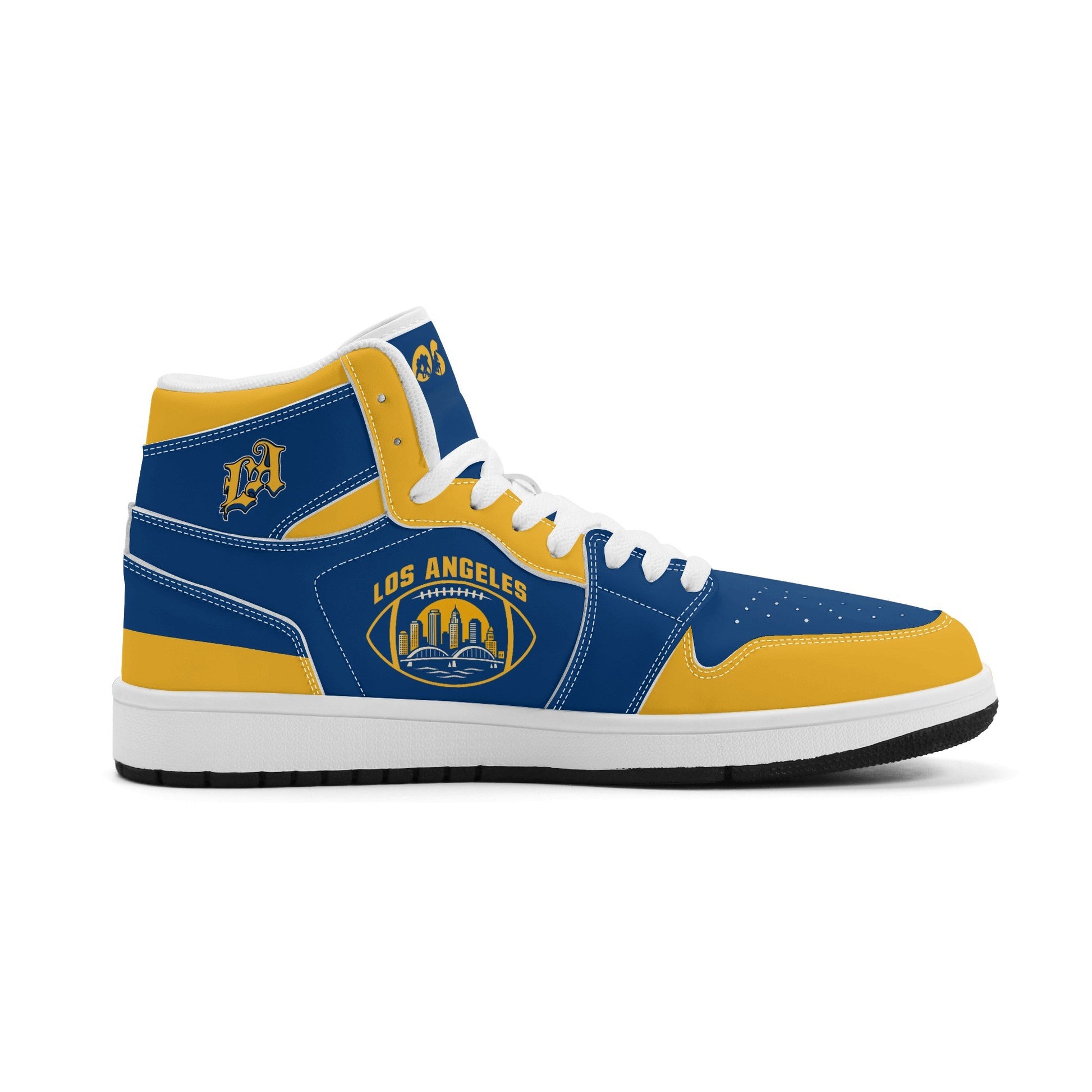 Los Angeles football-inspired high top sneakers in blue with all-over city graphic printed upper