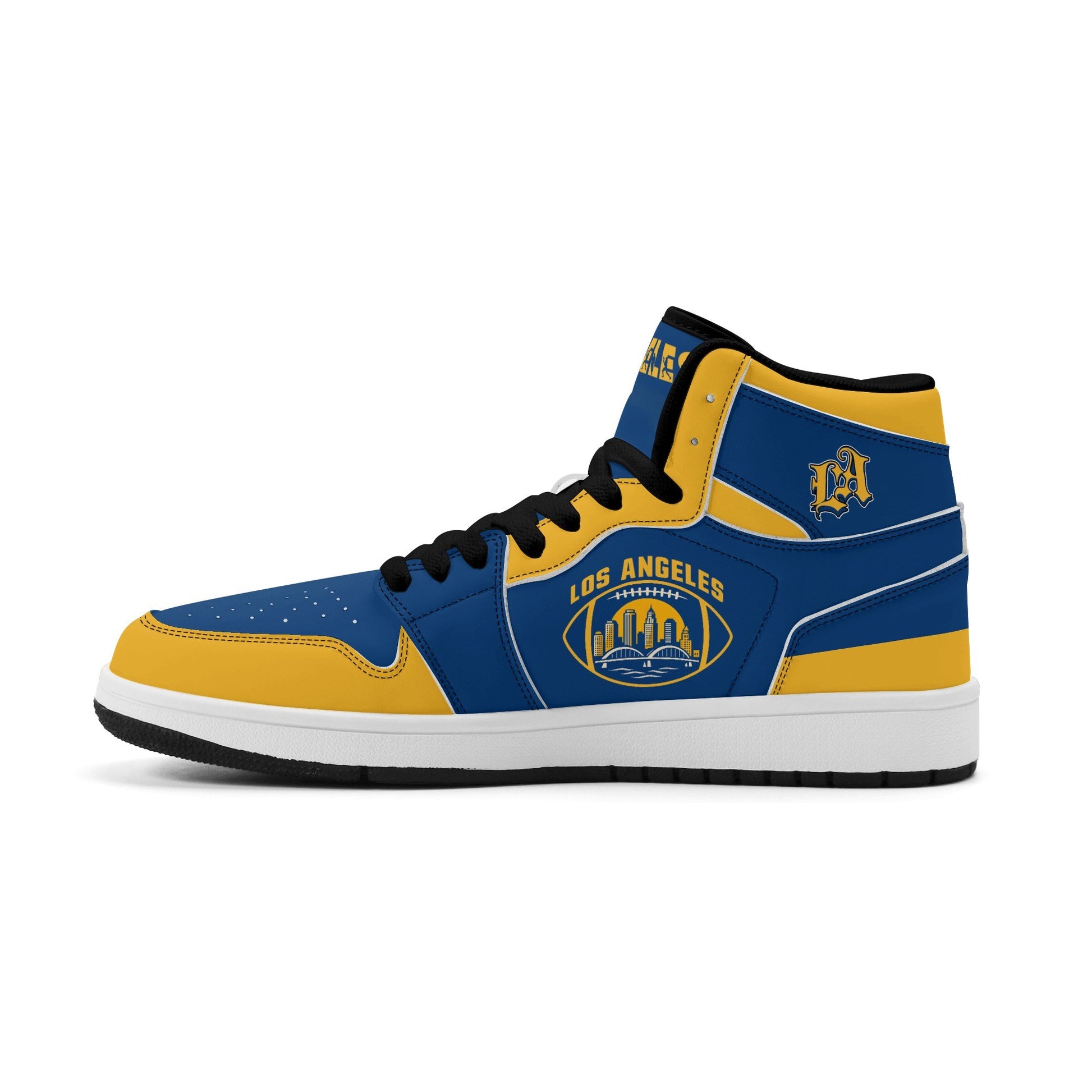 Los Angeles football-inspired high top sneakers in blue with all-over city graphic printed upper