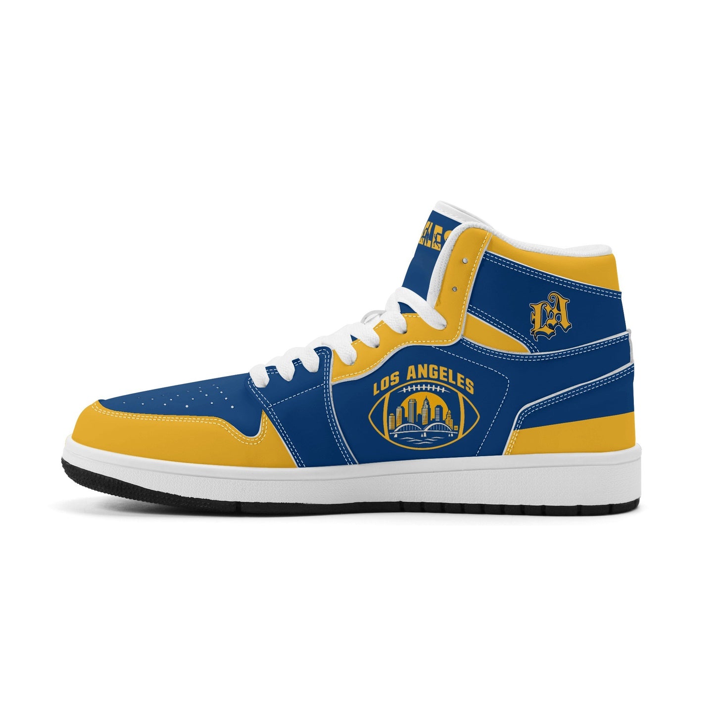 Los Angeles football-inspired high top sneakers in blue with all-over city graphic printed upper