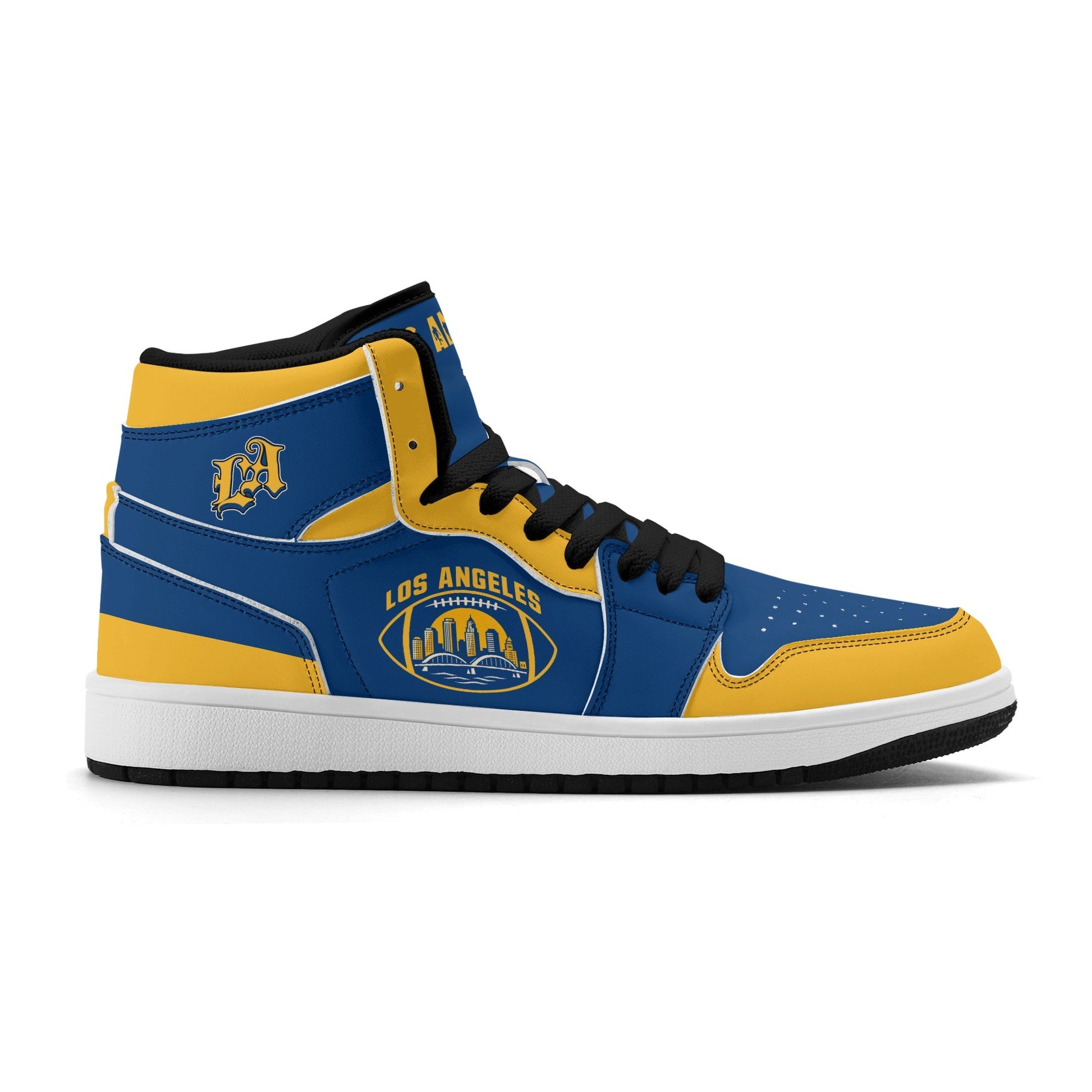 Los Angeles football-inspired high top sneakers in blue with all-over city graphic printed upper