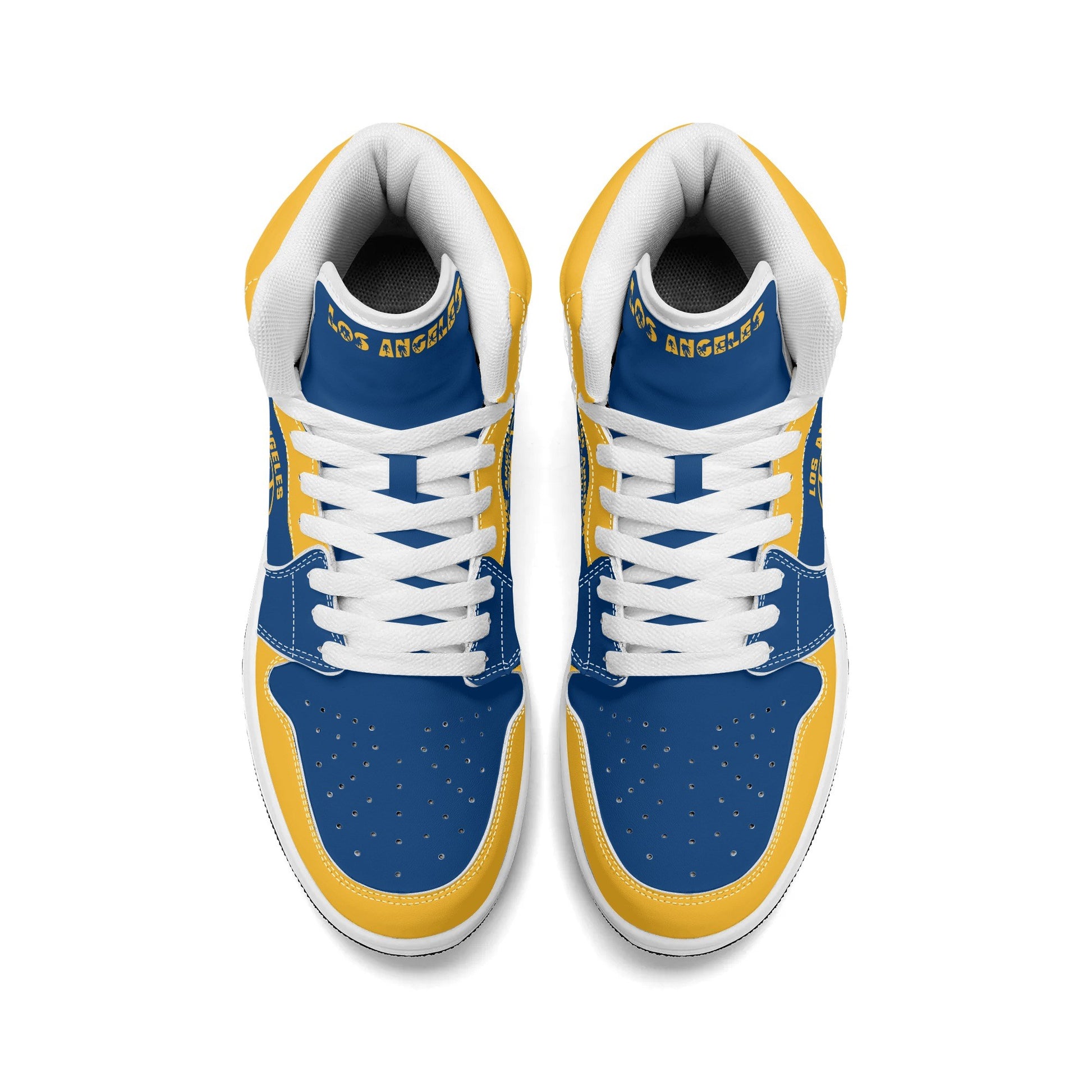 Los Angeles football-inspired high top sneakers in blue with all-over city graphic printed upper
